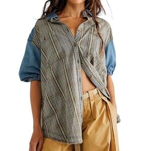 FREE PEOPLE RUNAWAY PLAID AND DENIM TOP SIZE XS